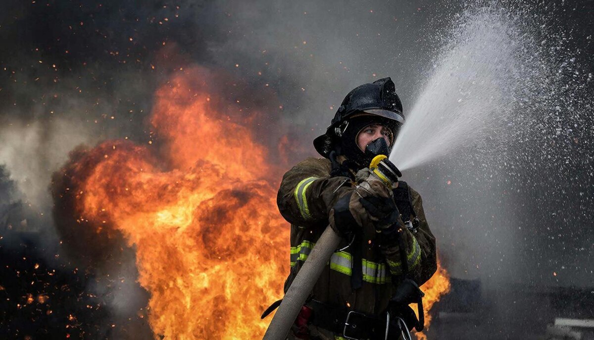 Фото: нейросеть. Тушение пожара затрудняют морозы и масштаб возгорания.