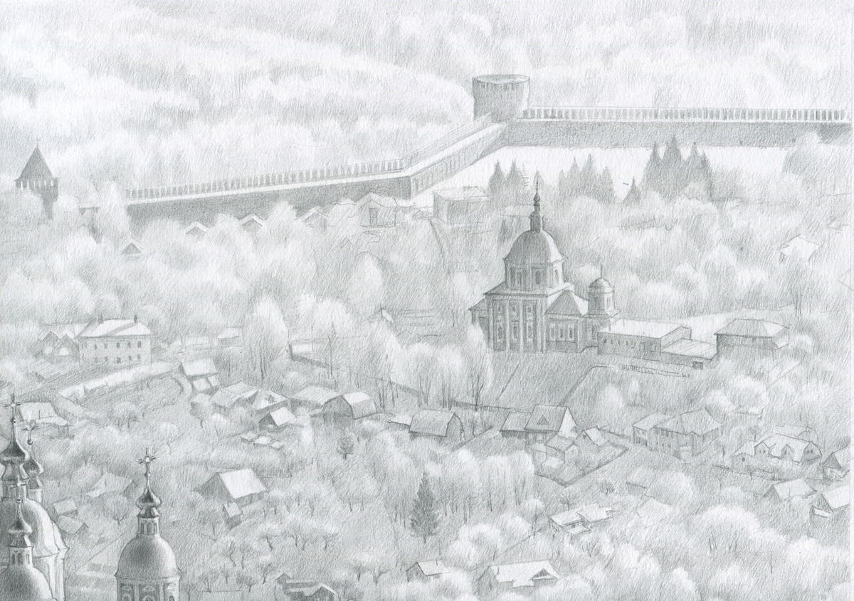 К. Тихонова. Серия: Удивительный Смоленск. Лист: Февраль. Панорама города. Успенский кафедральный собор. Фрагмент.