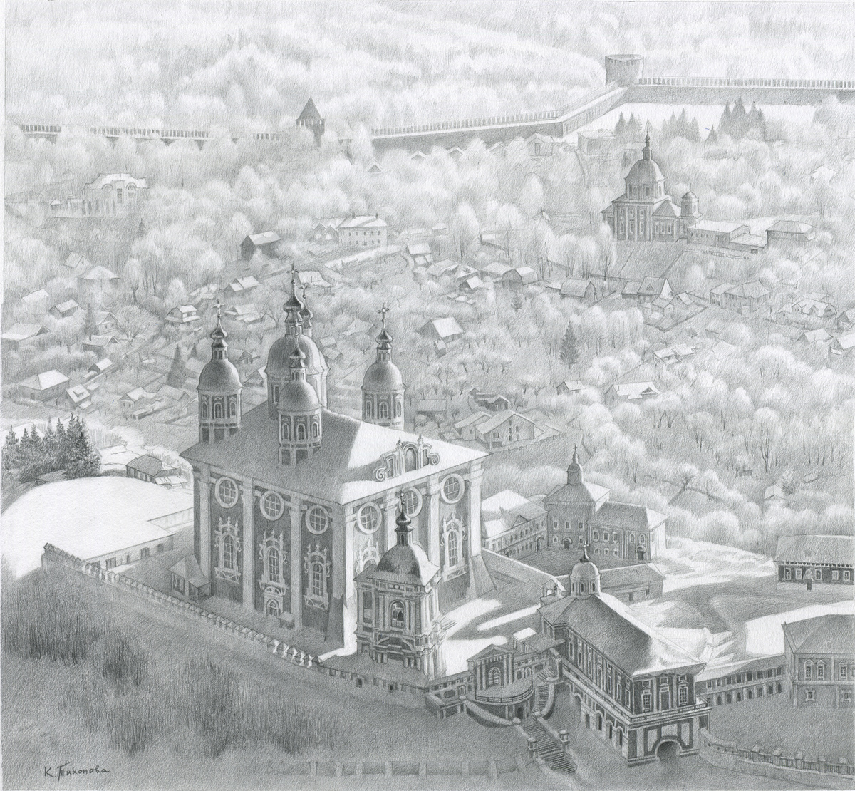 К. Тихонова. Серия: Удивительный Смоленск. Лист: Февраль. Панорама города. Успенский кафедральный собор. 2026. Бумага, графит. 39х42.