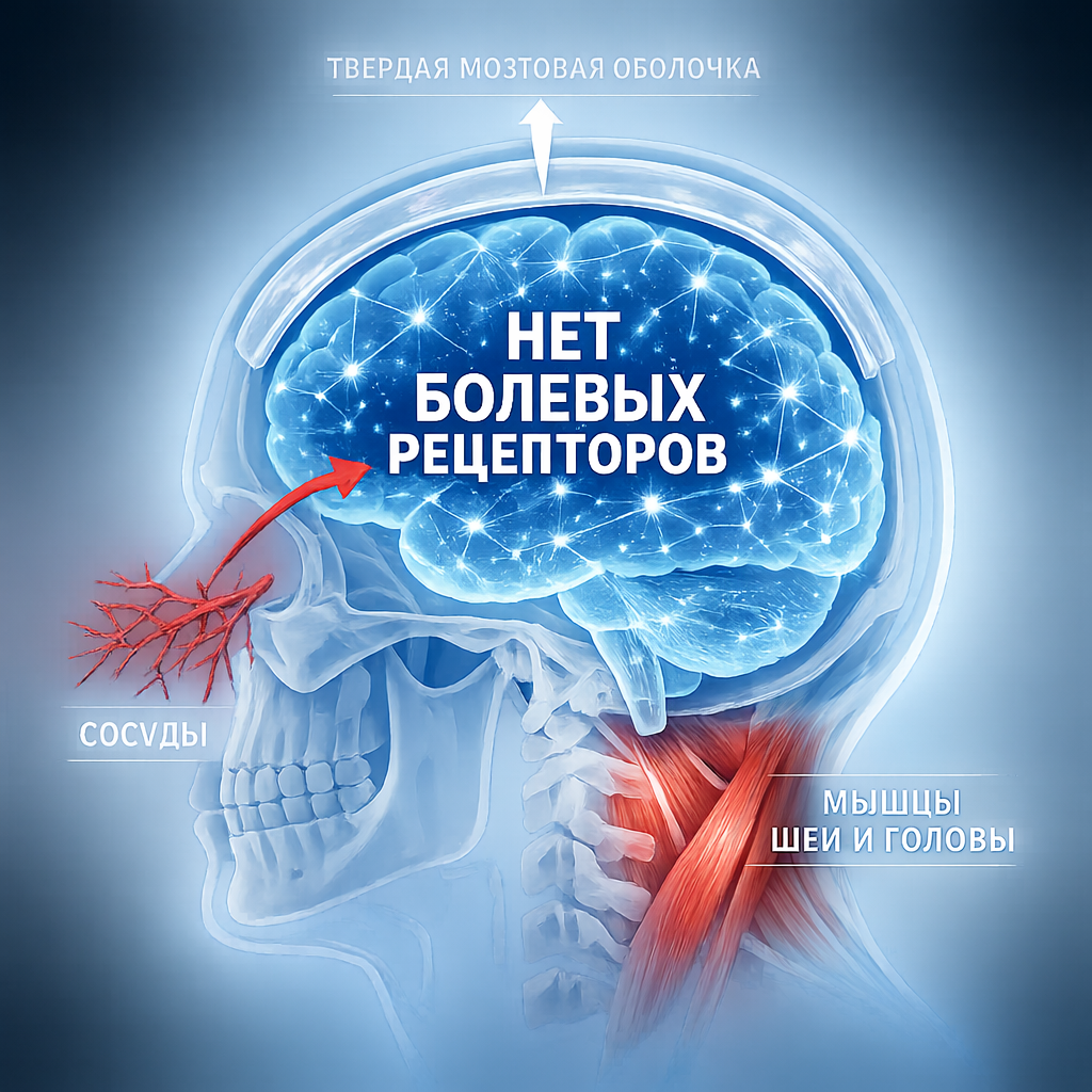 🧠 Главный парадокс: мозг не чувствует боли! Когда раскалывается голова — болит не он, а его защитные оболочки, сосуды и мышцы. Эта боль — сигнал: что-то атакует мозг извне. И часто этот "что-то" идёт издалека — из кишечника.