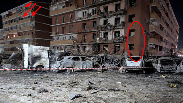    Хорошо видно, что осколочные повреждения локализованы в одном небольшом месте, а вот ударная волна шла широким фронтом и повредила несколько зданий. Источник: ТГ-канал Мурата Кумпилова, главы Адыгеи