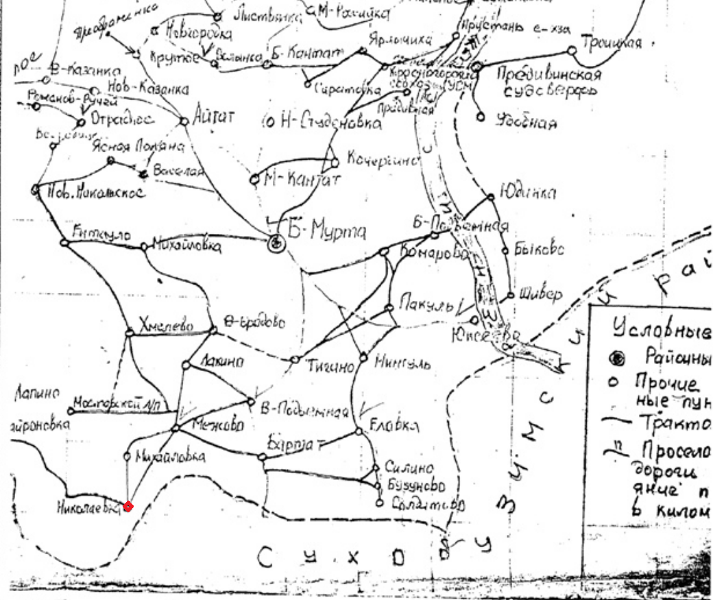 Николаевка (отмечена красным пунктиром0 на карте Большемуртинского района.