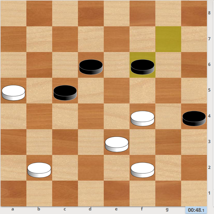1.fg5 de5 (проще 1...fe5 2. a3 f4 4.g3 de5 5. h4 ed4=) 2...f4 3.e3 e7 4.f4 f6? (4...d6 5.c3 b4 6.d4 c5! 7.b6 c3 8...b2 9...a1 =) 5. b6 (выигрывало и 5.a3 d4 6.e5 g5 (6..e3 7.g7 x) 7.ab4 e3 8.b6 f2 9.a7 x) вернемся к тому, что случилось в партии 6.c3 b6 7.d4 x