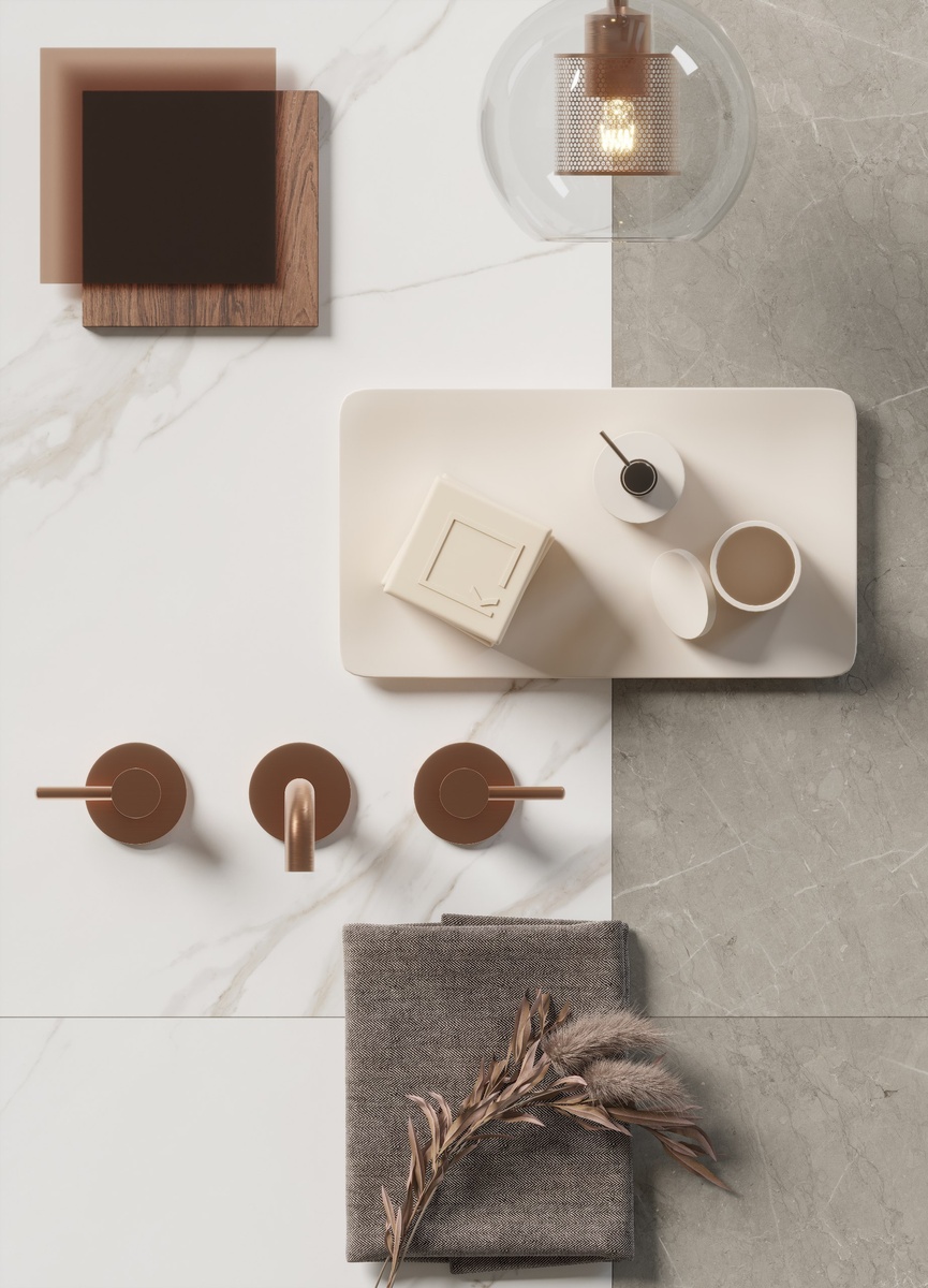 Мудборд с коллекциями керамогранита Skala и Butik бренда KERRANOVA