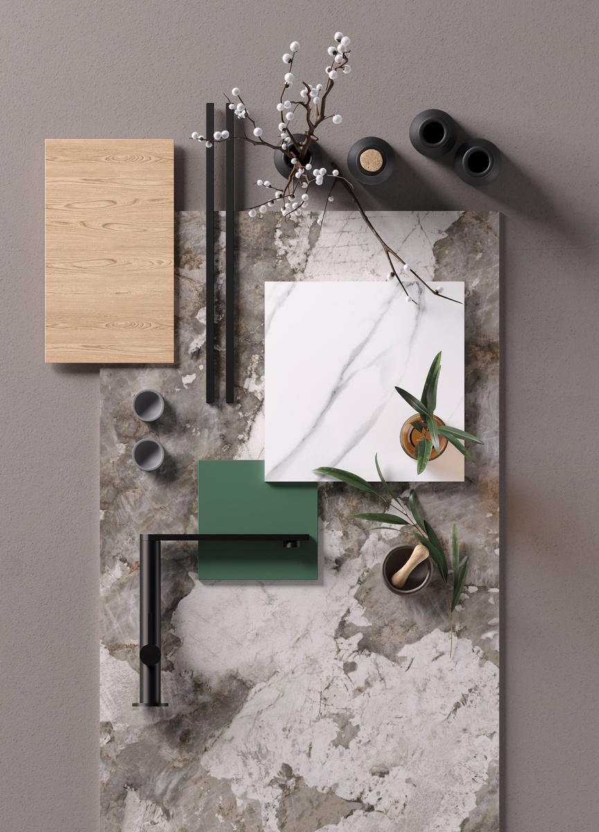 Мудборд с коллекцией керамогранита Usadba бренда KERRANOVA