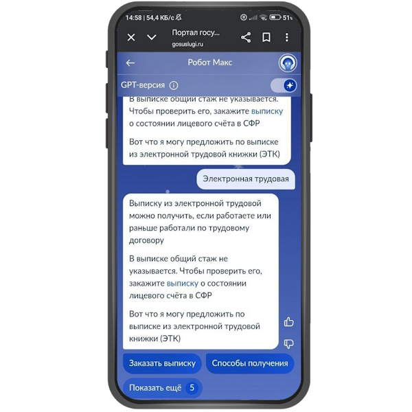 Шаг 2. Робот Макс предложит краткую информацию о содержании выписки и выбор действия. Нажимайте кнопку «Заказать выписку». →