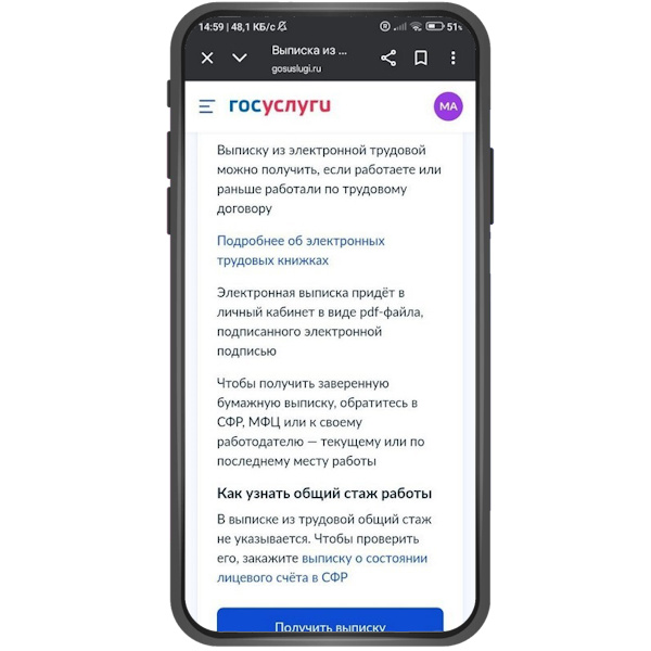 Шаг 3. Портал покажет краткую справку об ЭТК. Нажмите на кнопку внизу «Получить выписку». → 