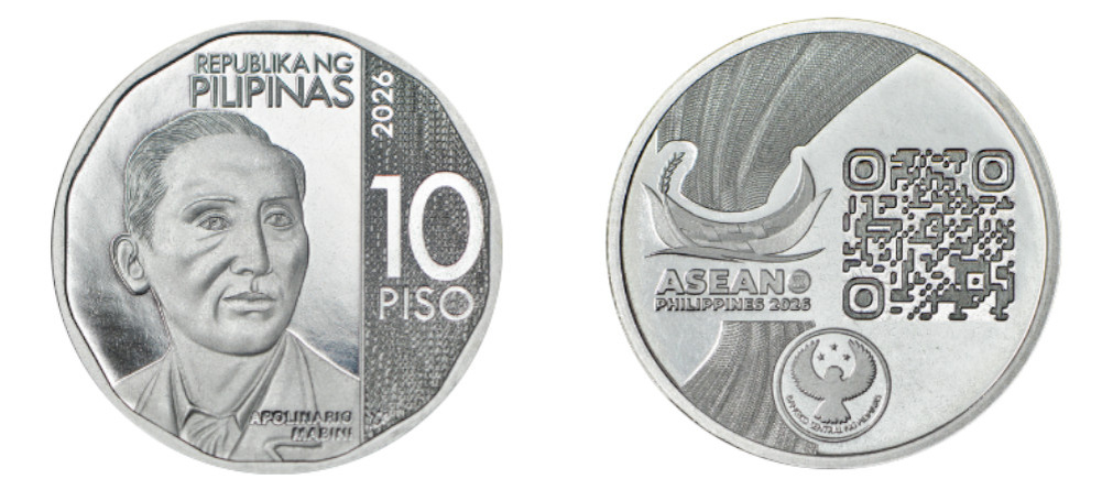    Памятная монета Филиппин 10 песо 2026 года — аверс с портретом Аполинарио Мабини, реверс с логотипом АСЕАН и QR-кодом