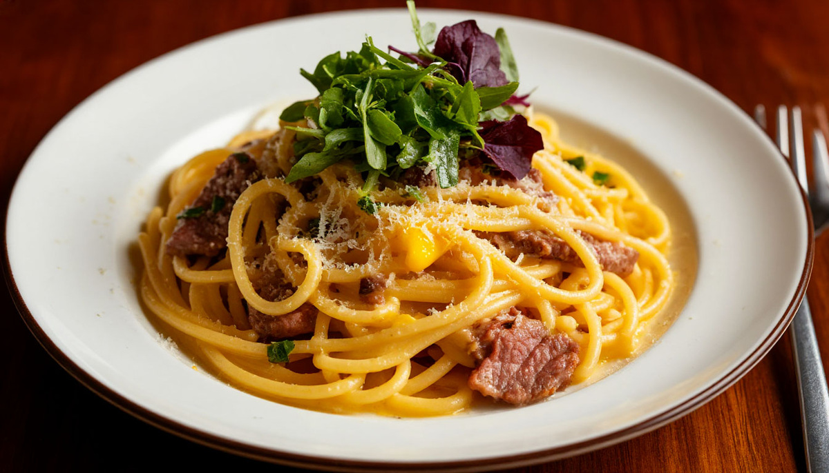 🍝 Паста карбонара без панчетты: как её готовят в Новосибирске — с копчёной грудинкой и яичным желтком.
