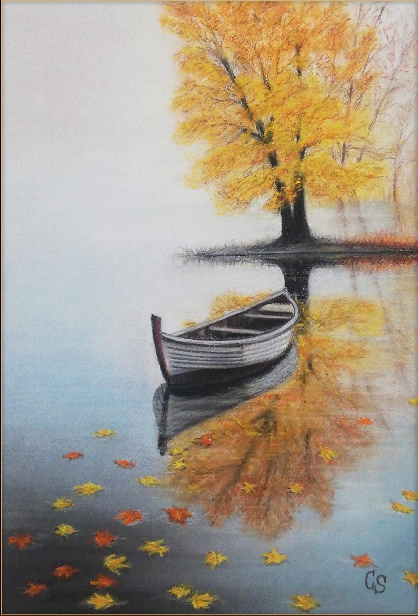 Виноградова Елена Сергеевна (творческий псевдоним Сова Splyushka), Лодка на осеннем озере
2025 г., материалы: сухая пастель, размер: 30 х 42 см. Источник: https://artsreda.ru