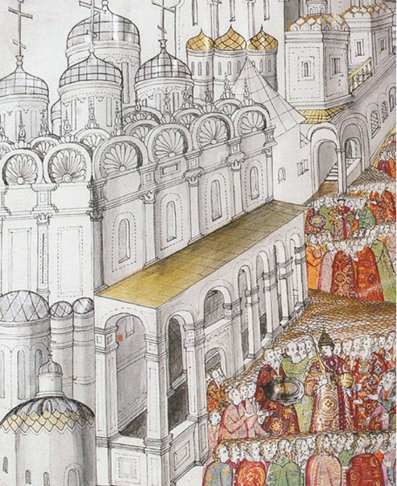 Миниатюра из «Книги об избрании на царство великого государя, царя и великого князя Михаила Федоровича». 1670-е гг. Фрагмент. Архангельский собор окружает массивная арочная галерея