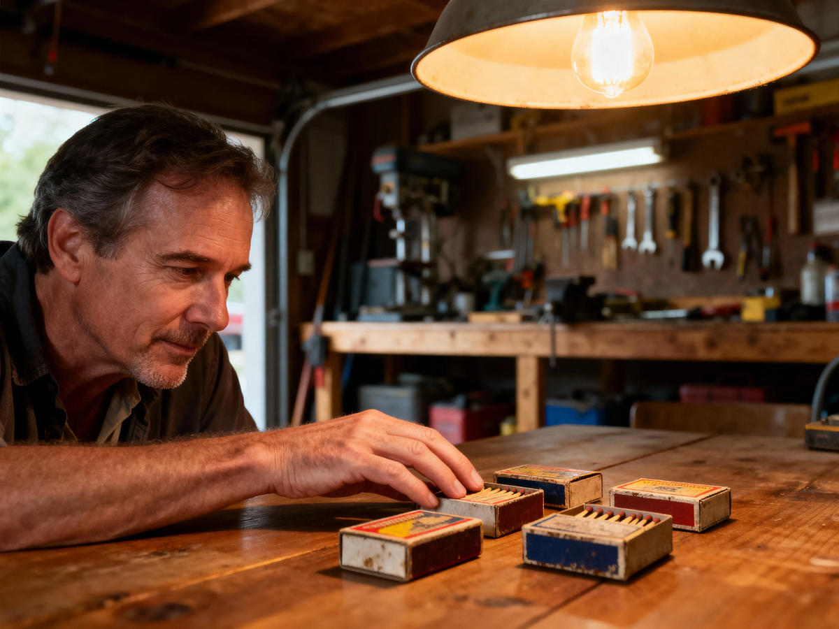 Петрович в своём гараже — среди инструментов и моторов неожиданно находит место для самого ценного: скромной коллекции спичечных коробков. Каждый — не просто коробок, а чёткая точка на карте его памяти. 🗺️📦