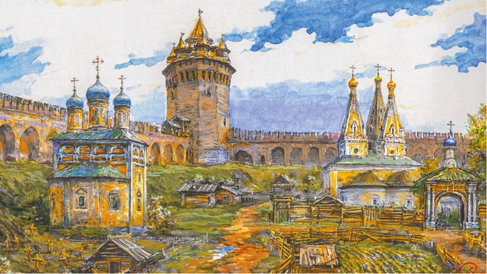 Юго-западный угол Белого города в XVII веке. На заднем плане – Семиверхая башня Белгородской крепости, справа – Алексеевский монастырь с двухшатровым Преображенским собором. Сейчас на этом месте храм Христа Спасителя