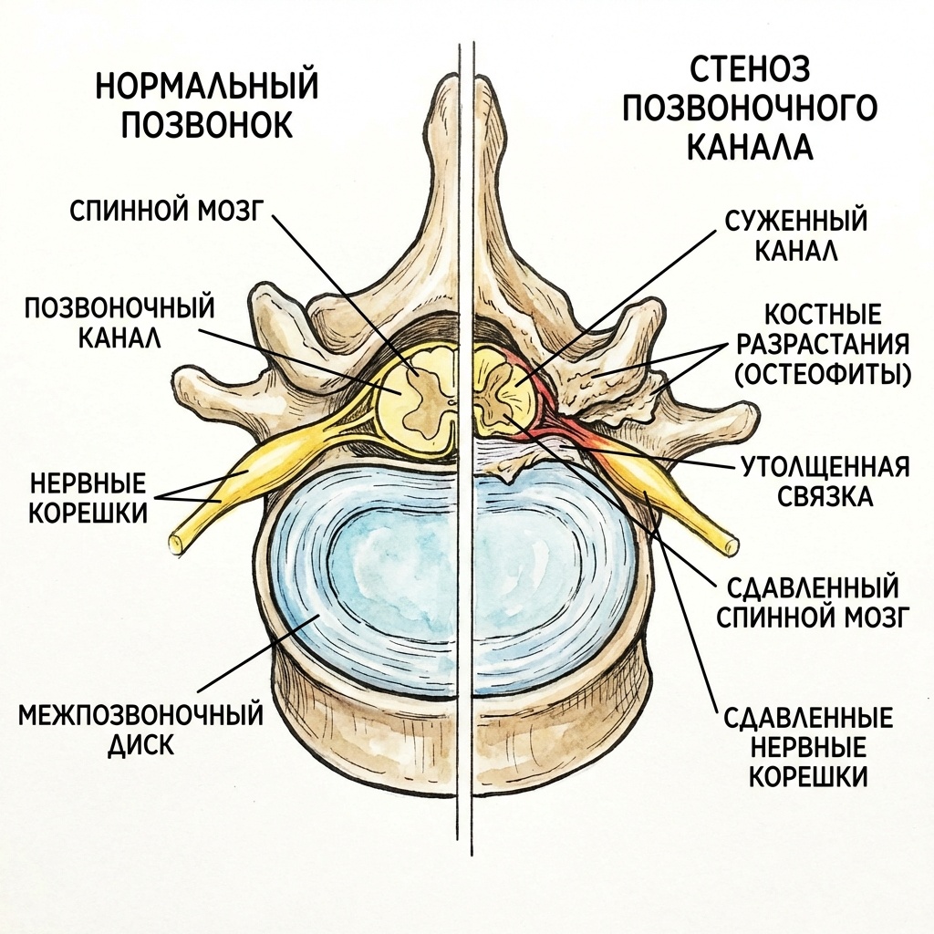 Как выглядит стеноз позвоночного канала по сравнению со здоровым позвонком