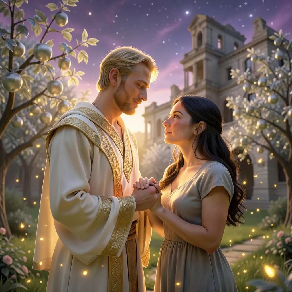 Бог света и его смертная возлюбленная в волшебном саду Асгарда. Бальдр сияет мягким золотым светом, Сигрун смотрит на него с нежностью. Вокруг них танцуют частицы света, как светлячки. Любовь, которая соединяет миры — божественное и человеческое.