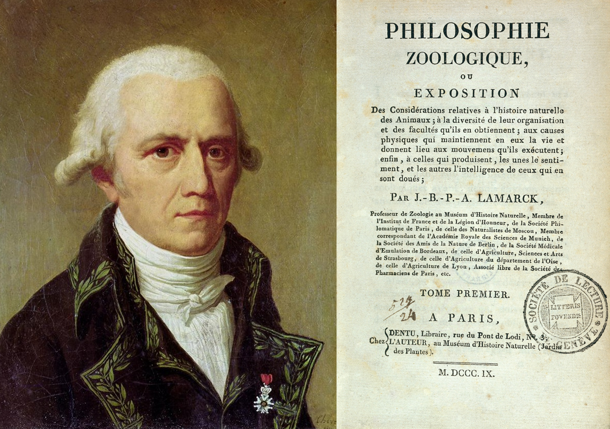 Жан Батист Ламарк, работа Шарля Тевенена, 1802 г. и титульный лист книги «Философия зоологии». Фото: взято из en.wikipedia.org