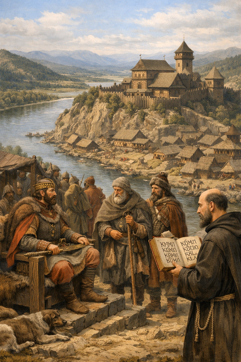 Прага IX века на фоне лесистых холмов: деревянный Пражский град на скале над Влтавой, вокруг разрастающееся поселение. На переднем плане - князь из рода Пржемысловичей принимает послов