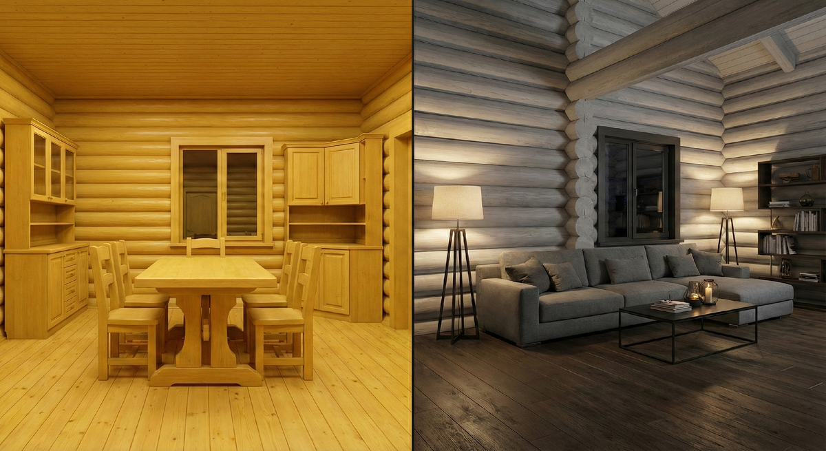Слева: типичный пример «эффекта шкатулки», где стены, пол и потолок сливаются в одно желтое пятно.
Справа: тот же сруб, но с грамотным тонированием стен и контрастным полом. Появился объем, стиль и воздух.