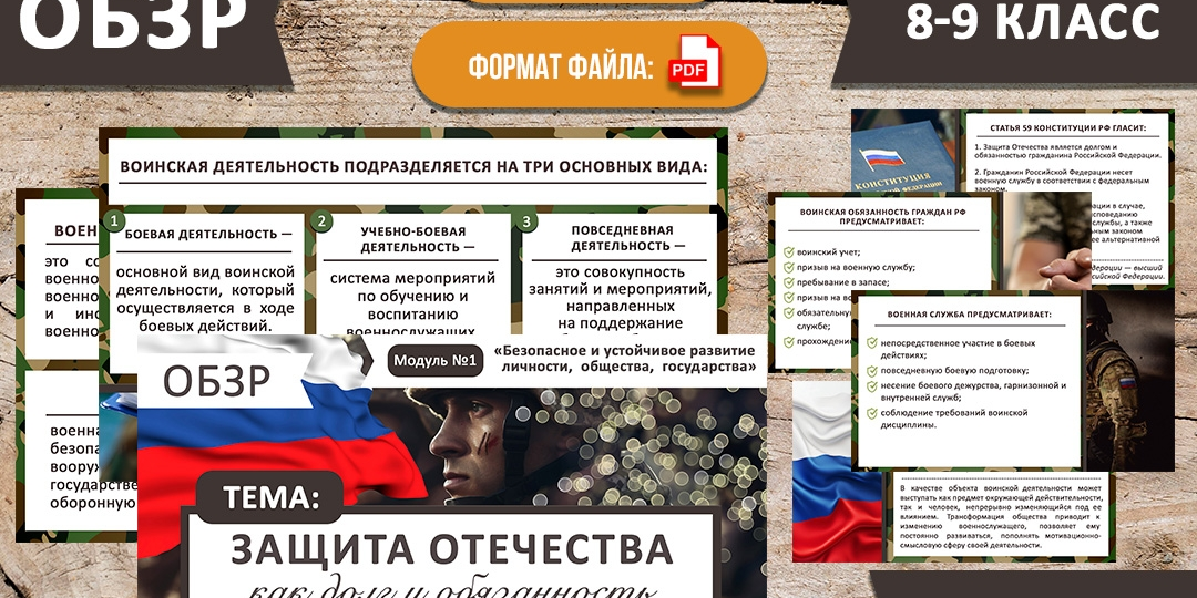 Презентация ОБЗР по теме «Защита Отечества как долг и обязанность гражданина» 8-9 класс. Разработана по ФРП: модуль 1 № п/п 1.3