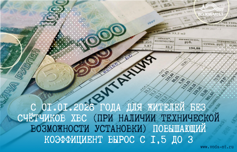 С 01.01.2026 года для жителей без счетчиков ХВС при наличии технической возможности установки, повышающий коэффициент вырос с 1,5 до 3