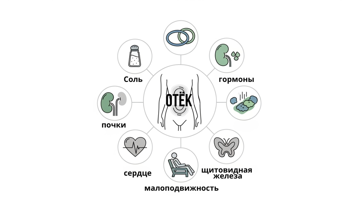 Схематичное изображение причин отёков: соль, гормоны, почки, сердце, малоподвижность, щитовидная железа.