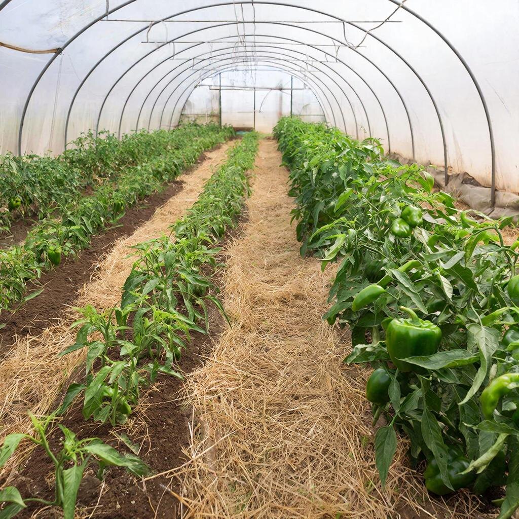 Перцы в плёночной теплице в начале июля. Обратите внимание на мульчу из соломы — она сохраняет влагу и защищает корни от перегрева.