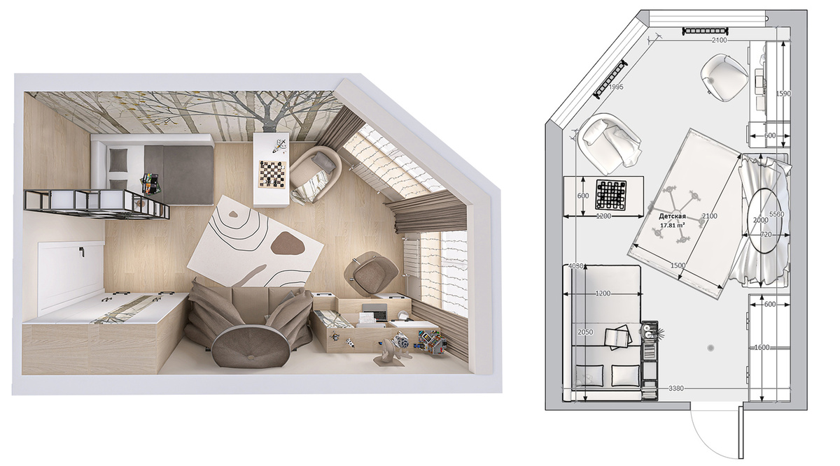 Вид сверху и план расстановки мебели. Площадь комнаты 17,8 кв.м.