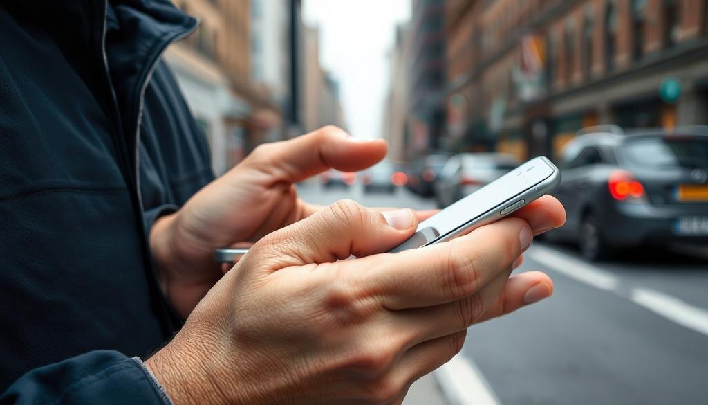    На картинке изображен процесс проверки б/у смартфона, на фоне находится человек, который внимательно осматривает телефон на предмет повреждений.