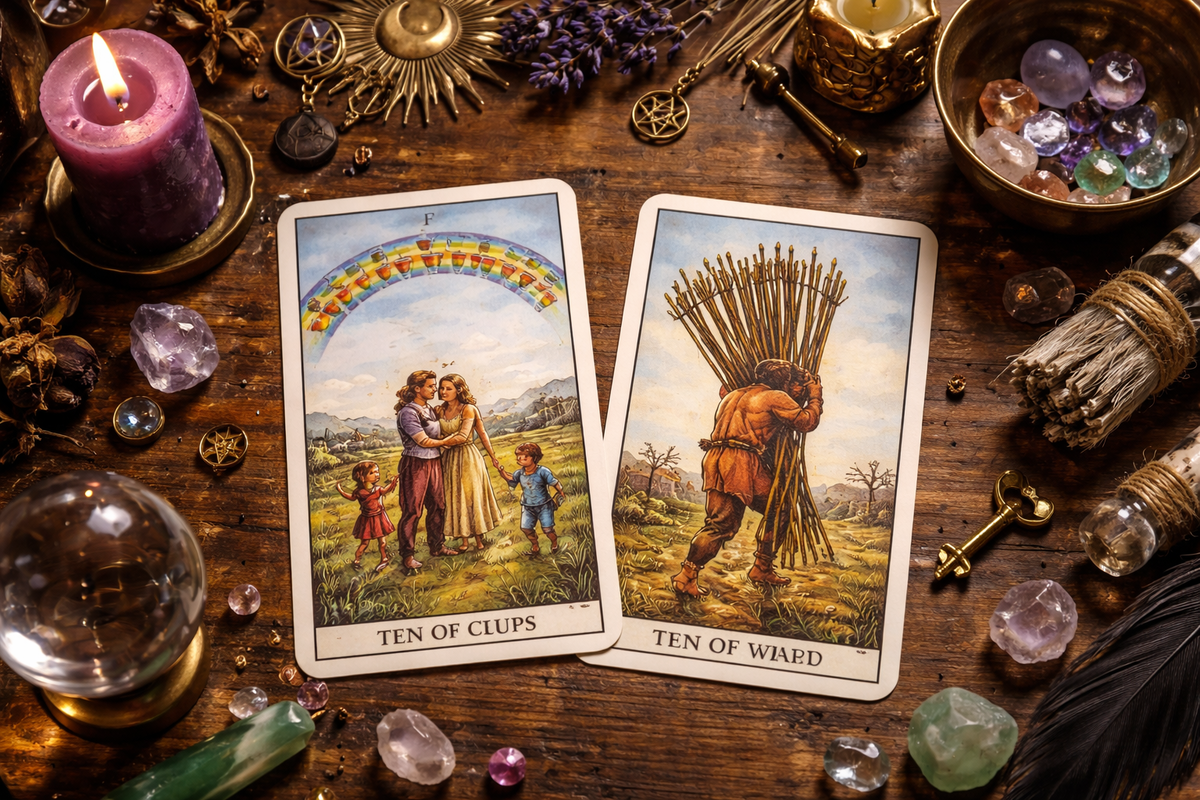 Сочетание 10 Жезлов и 10 Кубков в раскладе Таро — карты на столе с атрибутами для гадания, символ перегруза и поиска счастья.