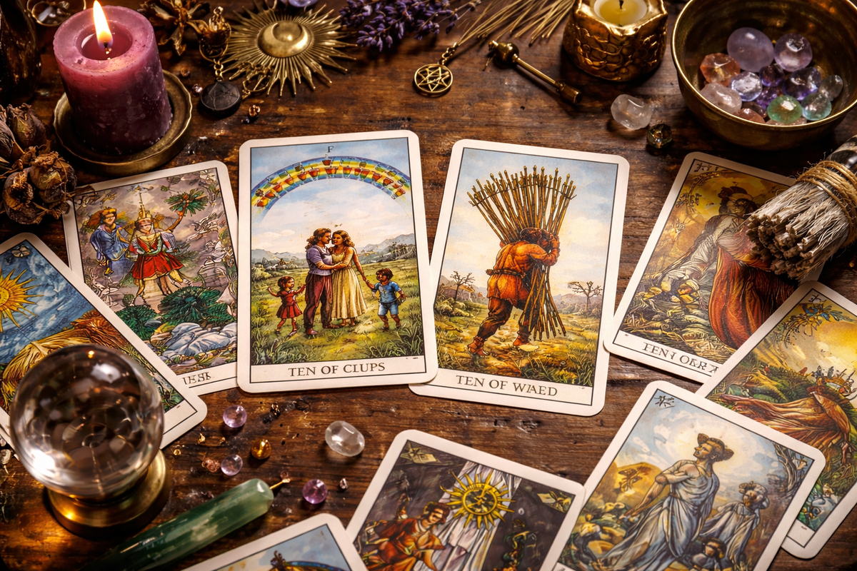 10 Кубков и 10 Жезлов сочетание Таро в окружении других карт — пример чтения союза через контекст расклада.