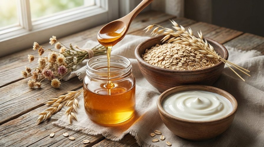Ингредиенты для натуральных масок для лица: мёд, овсянка и йогурт