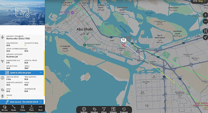    Самолёт, вероятно, с Уиткоффом на борту, сел в Абу-Даби. Скриншот: Flightradar24