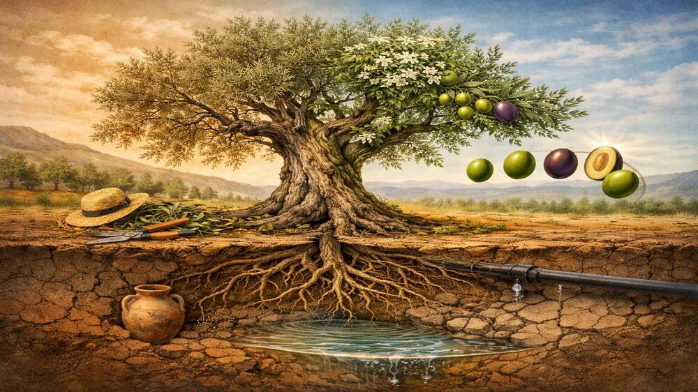 Сюрреалистическая иллюстрация биологии оливкового дерева: зрелая олива с корневой системой, почвой, водой, обрезкой и стадиями созревания плодов, символизирующая рост, агрикультуру и основы качества оливкового масла