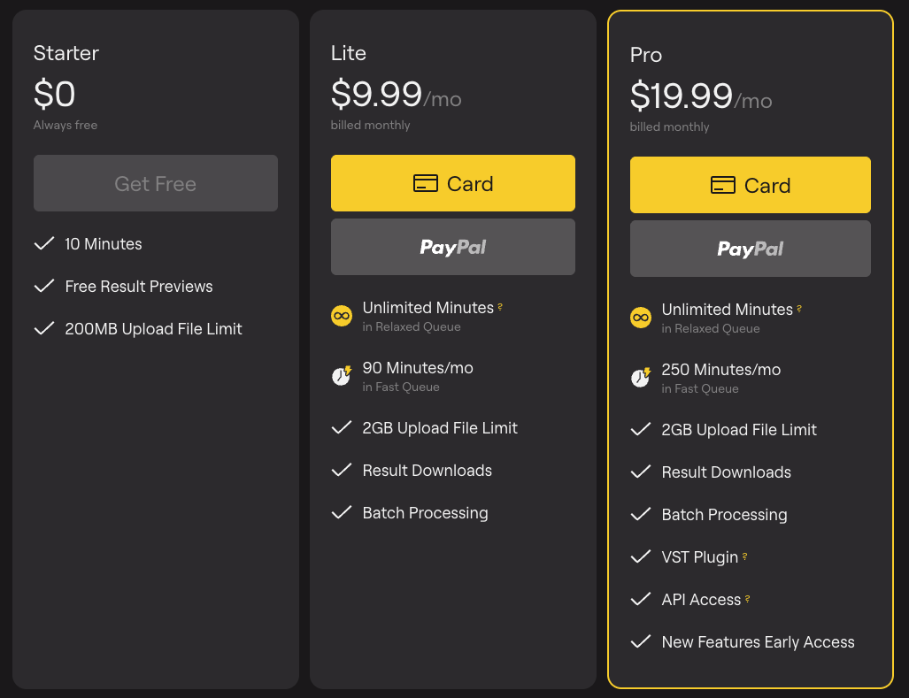 Тарифы lalal.ai