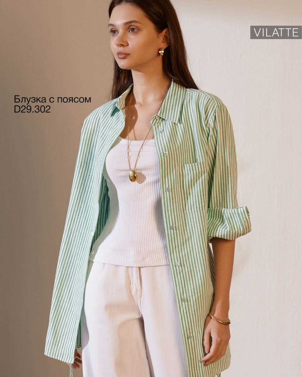 Удлиненная блузка с поясом в тонкую полоску из эластичного хлопка