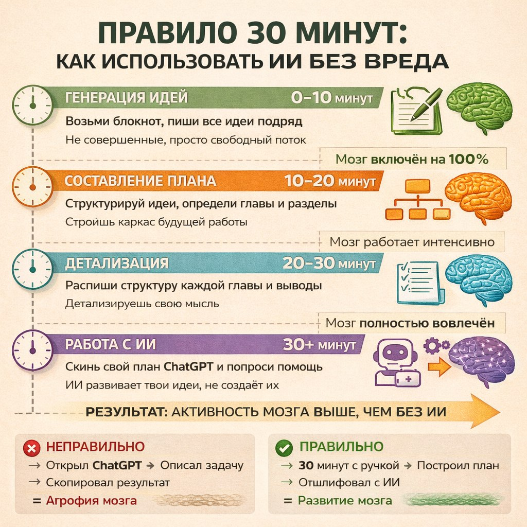 ПРАВИЛО 30 МИНУТ: КАК ИСПОЛЬЗОВАТЬ ИИ БЕЗ ВРЕДА