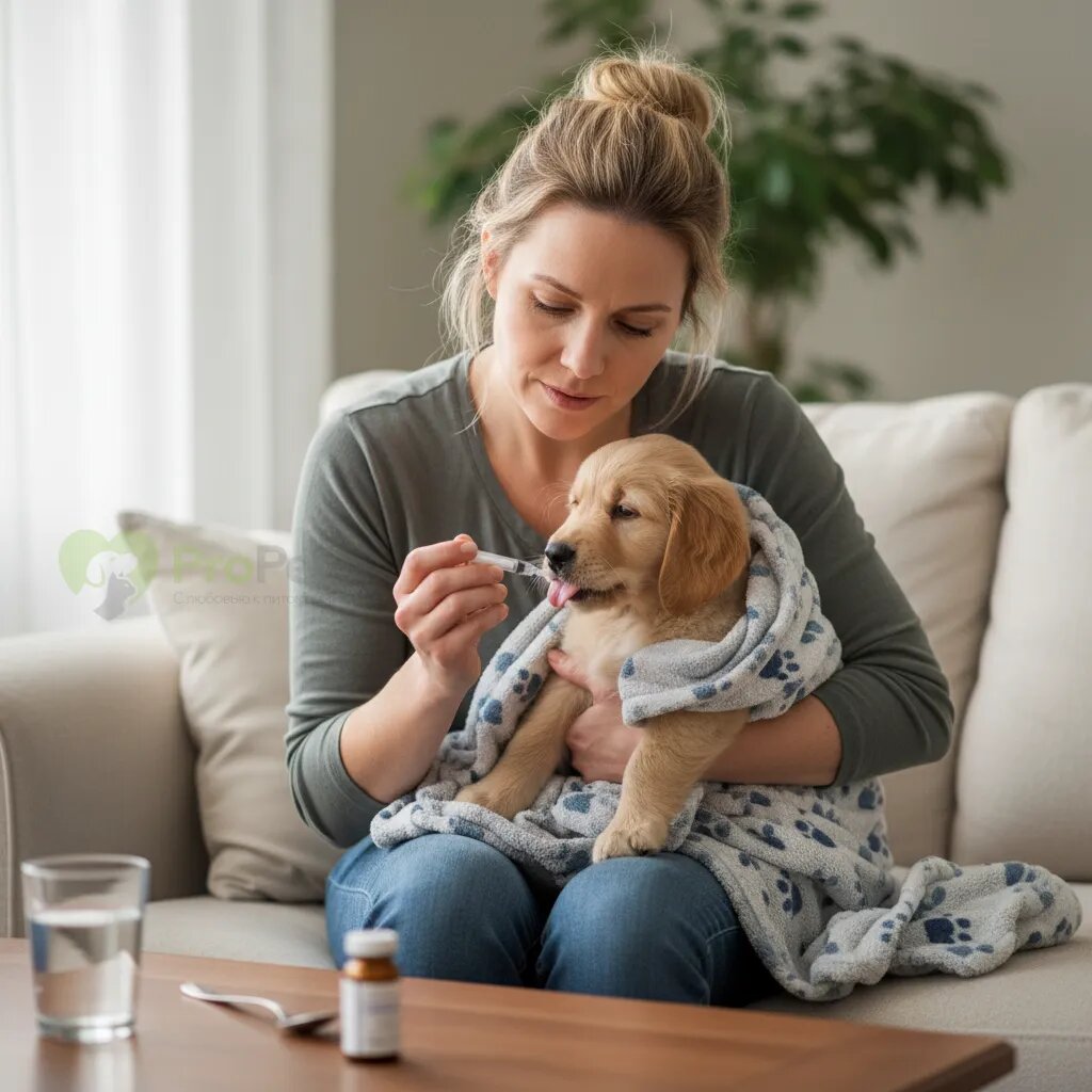 Владелец дает лекарство щенку