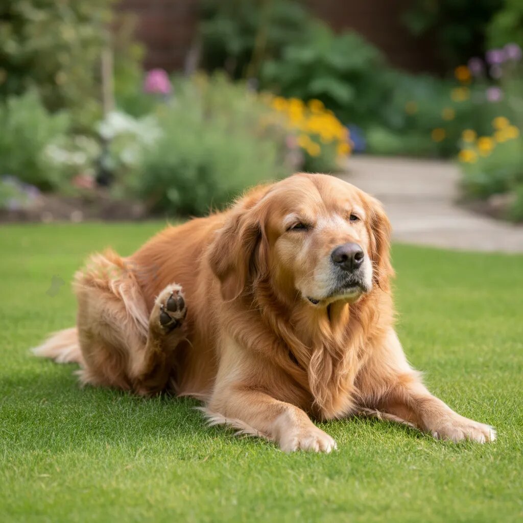 Собака породы золотистый ретривер чешет ухо задней лапой на зеленой траве