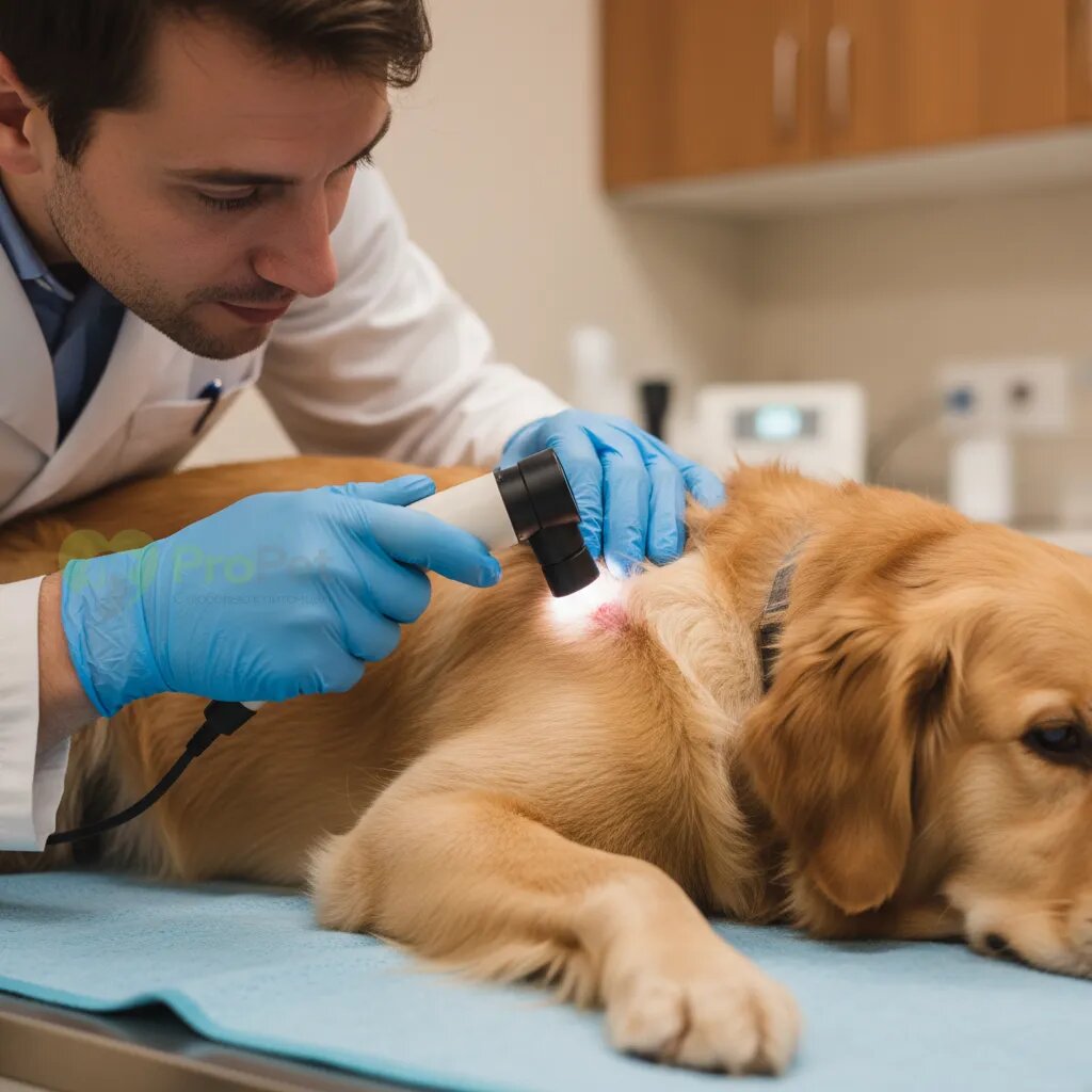 Ветеринар в перчатках осматривает кожу собаки с помощью дерматоскопа