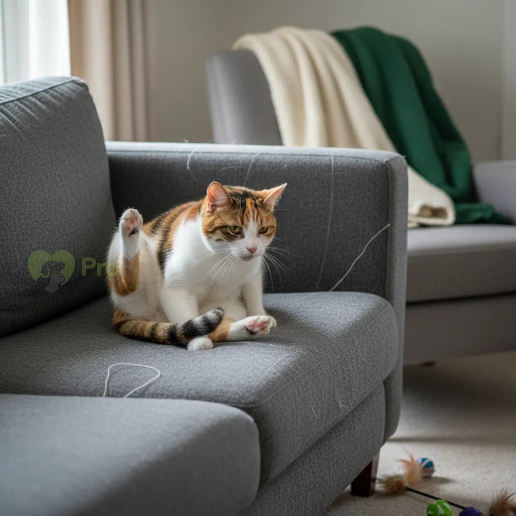 Кошка чешет ухо, сидя на диване