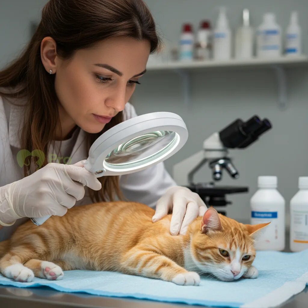 Ветеринар осматривает кожу кошки под лупой