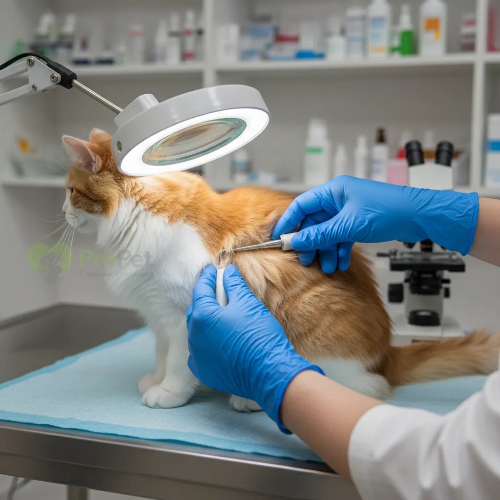 Ветеринар в перчатках осматривает шерсть кошки под лампой