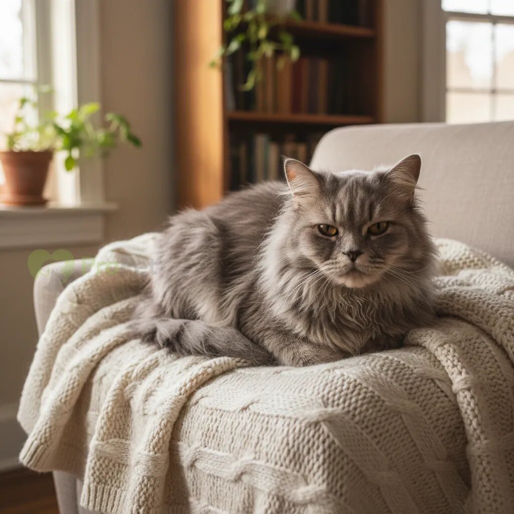 Пожилая кошка серого окраса отдыхает на мягком пледе