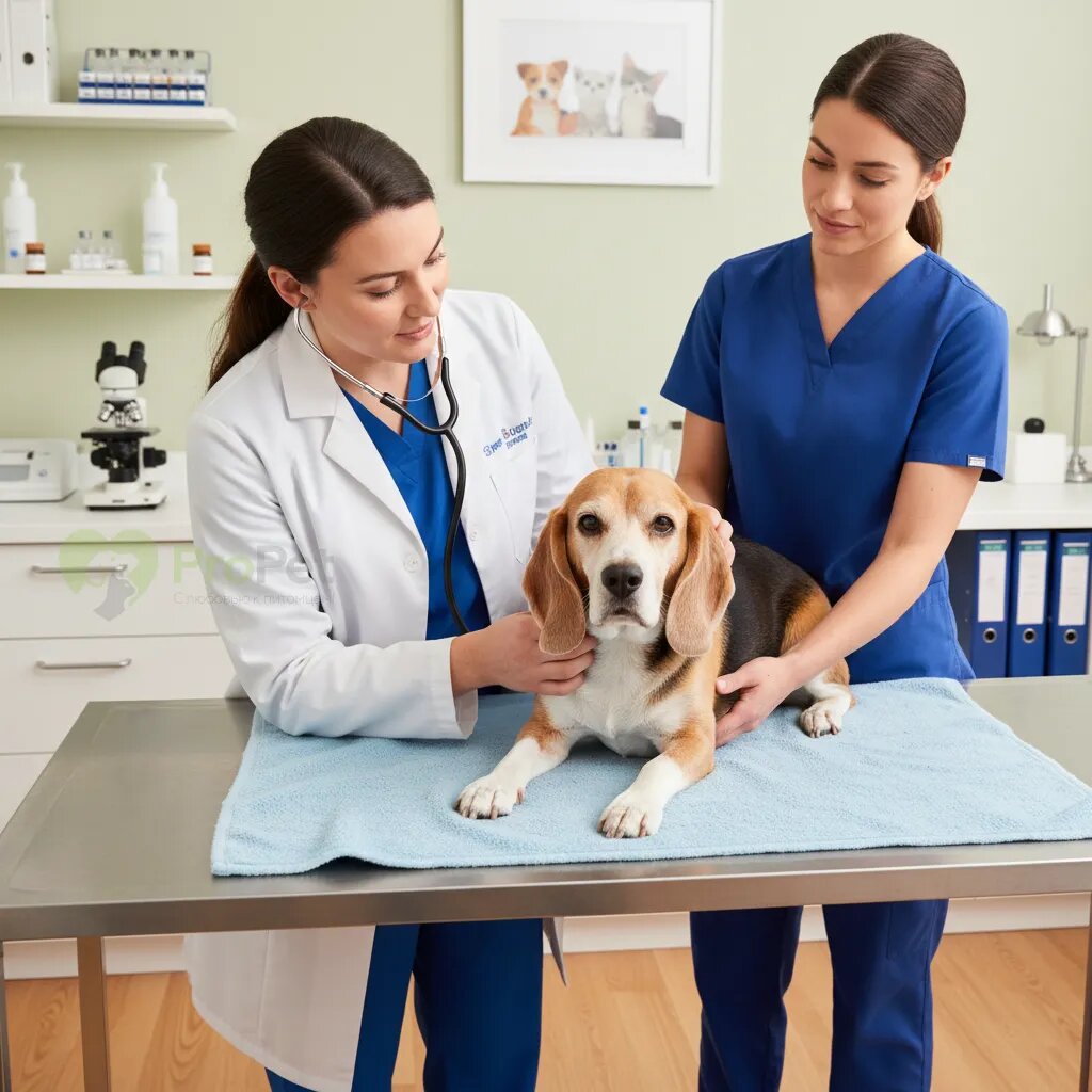 Ветеринар осматривает пожилого бигля в клинике