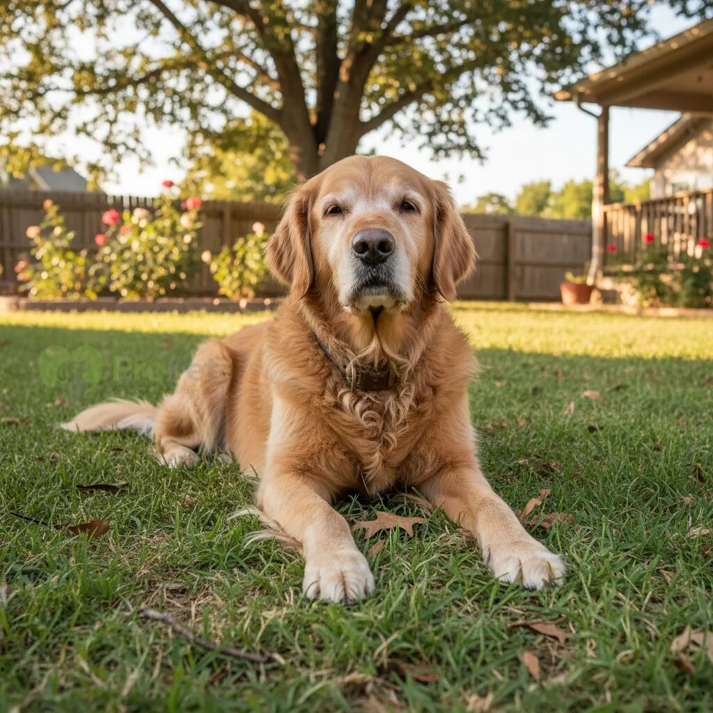 Пожилой золотистый ретривер отдыхает на траве