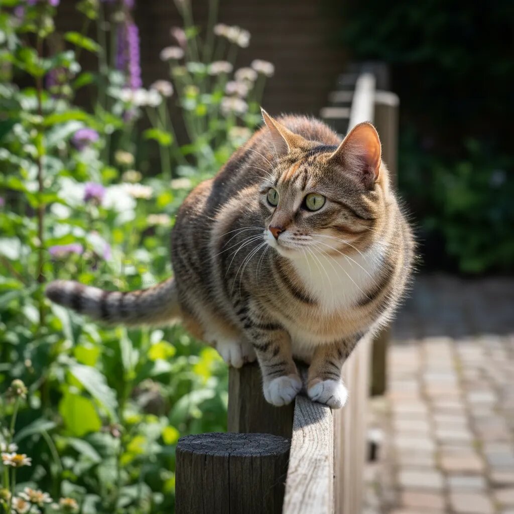 Кошка сидит в напряженной позе, оглядываясь по сторонам.