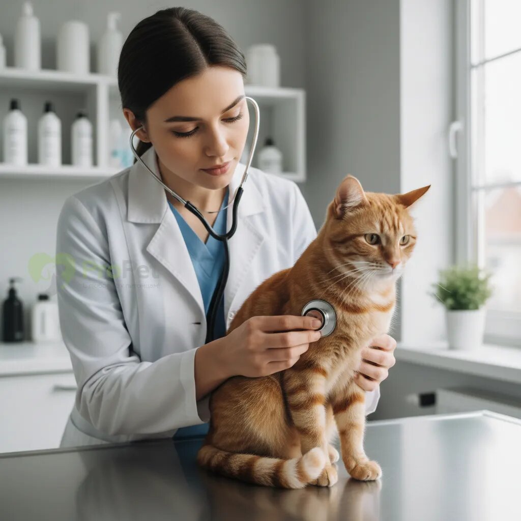 Ветеринарный врач внимательно слушает кошку стетоскопом.