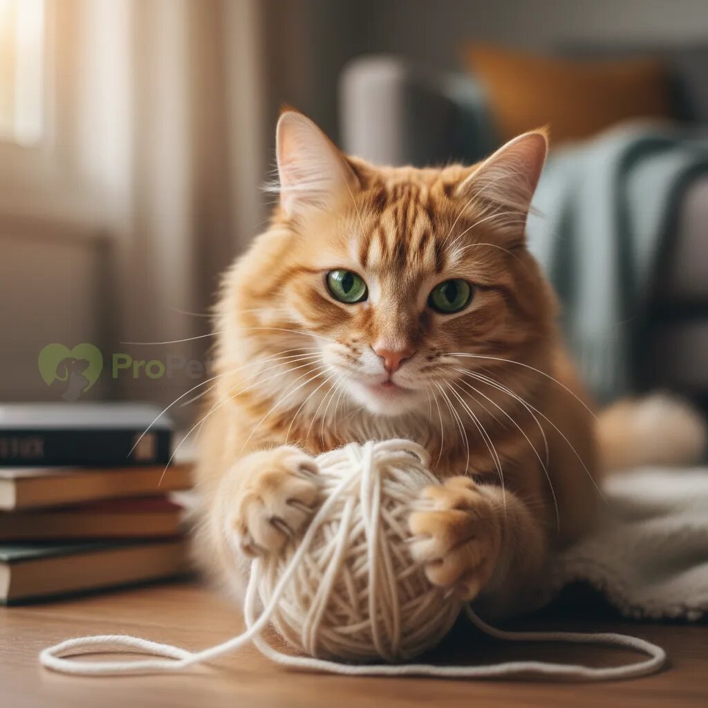 Крупный план кошки, играющей с шерстяным клубком