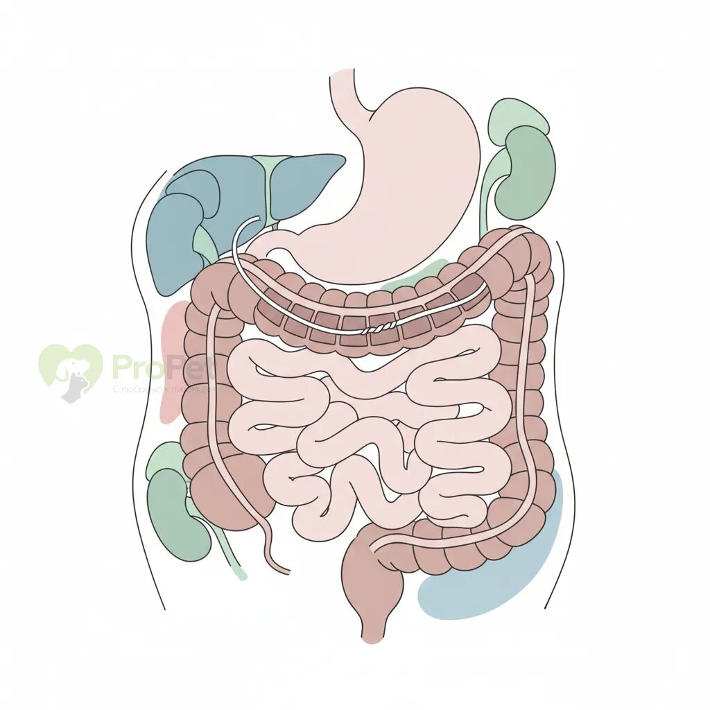 Схематическое изображение линейного инородного тела в кишечнике кошки