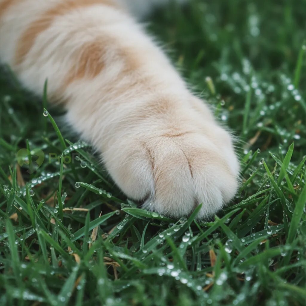 Крупный план кошачьей лапы на прохладной траве